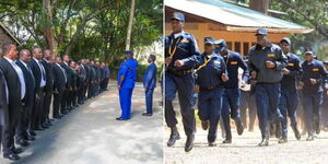 A collage of private security officers being addressed by officials (left) and during a training session (right)