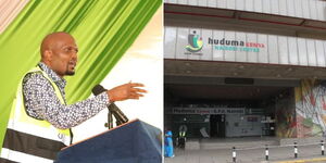 A collage of Public Service CS Moses Kuria (left) and the entrance at the Huduma Centre in Nairobi CBD (right) n  