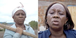 A collage of Rose Mutua during an interview at her home