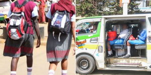 A collage of school going students on the road (left) and others in a matatu (right)