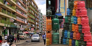 A collage of several apartments in Nairobi (left) and pilled up gas cylinders (right)