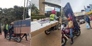 A collage of several boda riders carrying TV sets 