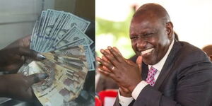 A photo collage of Kenyan shilling notes and dollar notes and President William Ruto 