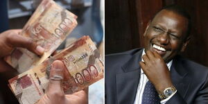 A photo collage of one thousand Kenyan shilling notes and President William Ruto 