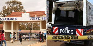 A collage of students entering Machakos University (left) and a police (right)
