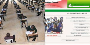 A collage of students sitting for exams (left) and a screengrab of the KNEC portal (right)