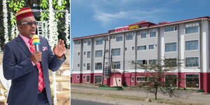 A collage of televangelist Pastor James Ng'ang'a (left) and Newstead Hotel in Naivasha, Nakuru County 