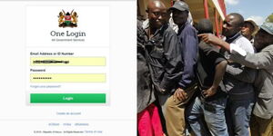 A collage of the eCitizen log in page (left) and Kenyans queuing for services (right) 