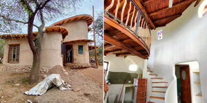 A collage of the exterior and interior of a mud house