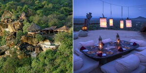 A collage of the overview of Tassia lodge and a picnic setting at the lodge in Laikipia County