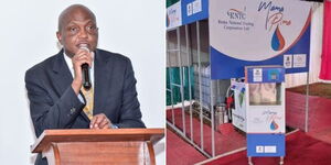 A collage of Trade CS Moses Kuria (left) and mama pima vending machines (right) unveiled on Monday August 21, 2023