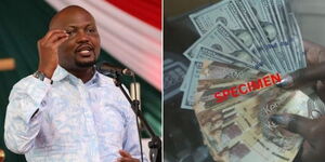 A collage of Trade CS Moses Kuria on Sunday September 24, 2023 (left) and a person holding Kenyan and US dollar notes (right)