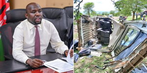 A collage of Transport CS Kipchumba Murkomen during a meeting on April 5, 2023 (left) and the wreckage of a bus along Nairobi-Nakuru Highway on Tuesday April 18, 2023