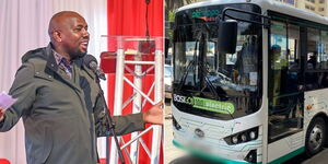 A collage of Transport CS Kipchumba Murkomen in Kakamega County on April 1, 2023 (left) and an electric bus parked at a pick-up stage in Nairobi (right)