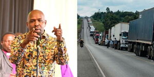 A collage of Transport CS Kipchumba Murkomen (left) and trucks on the Eldoret-Malaba Highway (right)