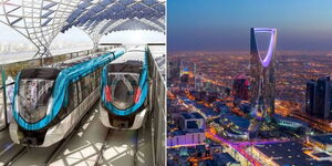 A collage of two commuter trains for the Riyadh Metro (left) and an aerial view of Saudi Arabia (right)