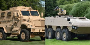 A collage of two millitary vehicles the Mine-Resistant Ambush Protected Vehicles (MRAP) (left) and Armoured Personnel Carrier (APC) (right)