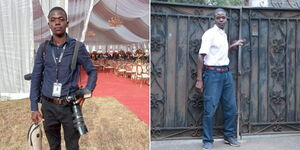 A collage of videographer and editor at Chams Media at an event (left) and him working as a watchman (right) 