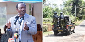 A collage of Wiper party leader Kalonzo Musyoka (left) and police outside his home on Friday July 21, 2023 (right)