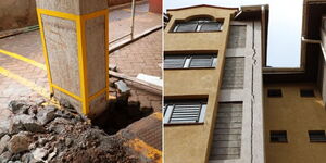 A collage of yellow steel jack props on a pillar of a sinking building in Kiambu County (left) the sinking apartment with huge cracks (right) on Thursday April 6, 2023