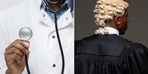 A doctor holding a stethoscope (left) and a lawyer wearing a wig.