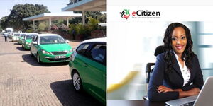 A fleet of NTSA-branded vehicles and the home page of eCitizen.