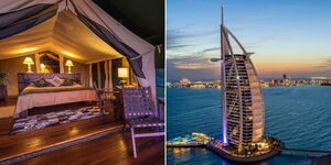 A luxury tent at the Little Governor's Camp in Masai Mara (left) and the Burj Al Arab Jumeirah, Dubai.