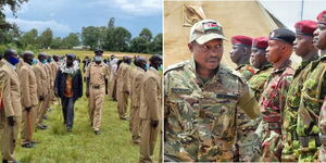 A parade of village elders (left) and Interior CS Kithure Kindiki with members of the National Police Service.