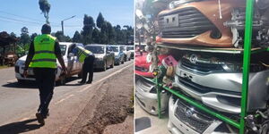 A photo collage of an NTSA official during an inspection exercise  on April 7,  2023 and a motor vehicle spare part shops.