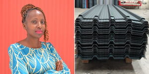 A photo collage of Caroline Kasyoka and some iron sheets produced by her company.