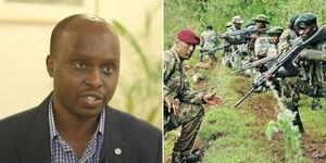 A photo collage of Dominic Chumo and officers of the British army during a training session.