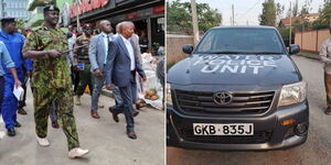 A photo collage of Interior CS Kindiki Kithure dueing an inspection  in Nairobi and one of the Water Infrastructure Police Unit 