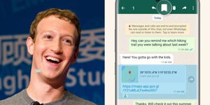 A photo collage of Meta CEO Mark Zuckerberg and a sample Whatsapp Chat