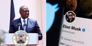 A photo collage of President William Ruto and a verified twitter account .