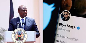 A photo collage of President William Ruto and a verified twitter account .