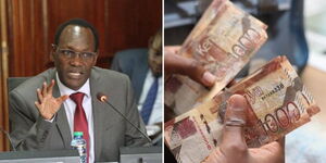 A photo collage of National Treasury PS Chris Kiptoo and One Thousand Kenya Shilling notes