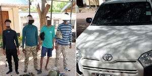 A photo collage of the four suspects and vehicle impounded by the police in Garissa on April 30, 2023.f Dominic Chumo taking Alex Chamwada through his business in his London office /