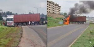 A photo collage of the trailer set ablaze by protestors at the Kibra section along the Southern Bypass on May 2, 2023.