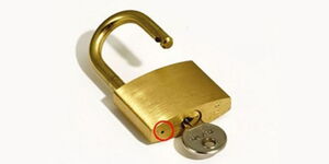A photo of a padlock with a red circle around the pinhole