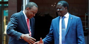 A photo  of former President Uhuru Kenyatta and Azimio chief Raila Odinga during their handshake on March 9, 2018.