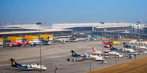 A photo of planes parked at the Indira Gandhi International (IGI) airport in India
