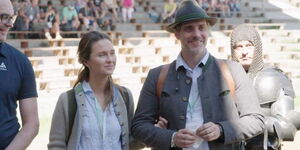 A photo of Prince Ludwig Bavaria accompanied by his wife Princess Sophie-Alexandra at a walk in September 2023