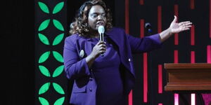 A photo of Second Lady Dorcas Rigathi addressing the congregation at House of Grace in Nairobi West, Nairobi County on Sunday, April 2, 2023.