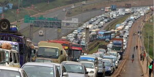 A photo of vehicles stuck in traffic along Thika Super Highway