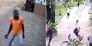 A screengrab of a man throwing stones at staff and visitors at a hotel in Mombasa