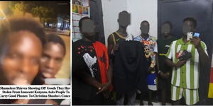 A screenshot of the viral video (left) and Suspects photographed at Central Police Station in Mombasa