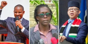 A photo collage of Embakasi East MP Babu Owino (left), teacher Jepkosgei Chemoiwa (centre) and Government Spokesperson, Isaac Mwaura. 