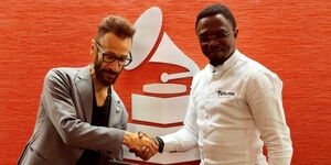 Sports CS Ababu Namwamba together with Recording Academy President Panos Panay at the headquarters of the National Academy of Recording Arts and Sciences in California on September 25, 2024.