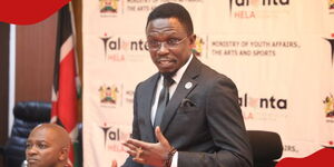 CS for Youth Affairs and Sports Ababu Namwamba during the launch of Talanta Hela on February 2023