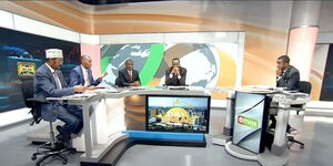 Belgut MP Nelson Koech gestured to Citizen TV Journalist Ayub Abdikadir (far right) during a live interview on Tuesday, June 6, 2023.